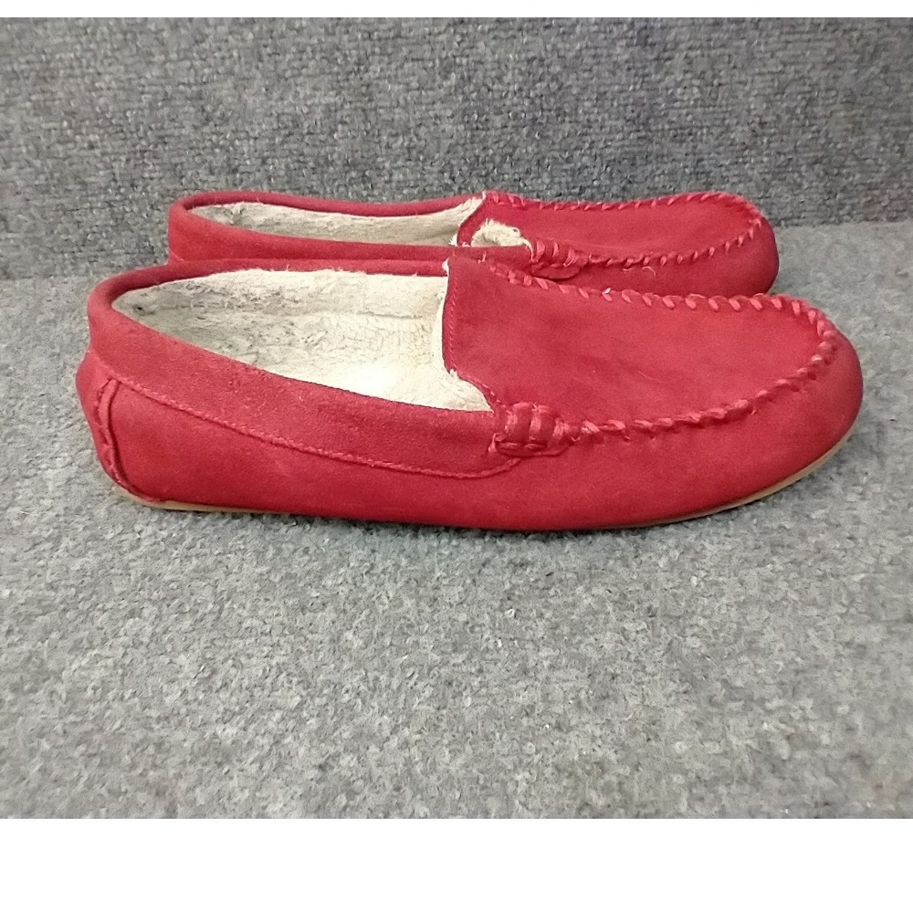 Lands End Moccasin Slippers Womens 9B Red Suede Faux Fur Lined 473069